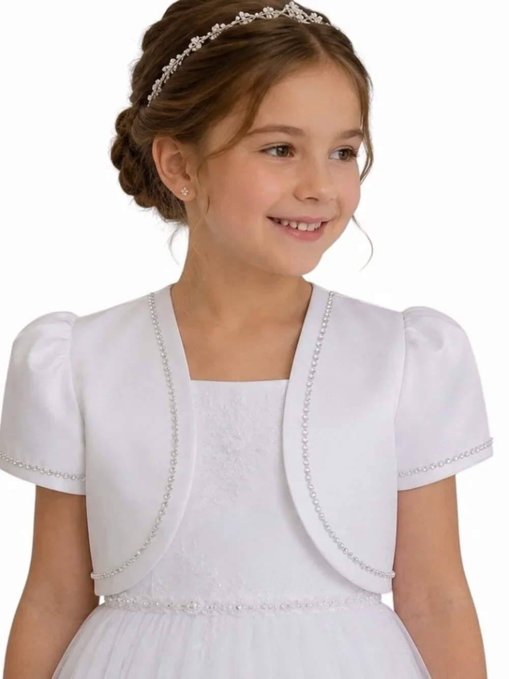 Girls White Satin Communion Bolero Jacket with Rhinestone Trim Size 8
